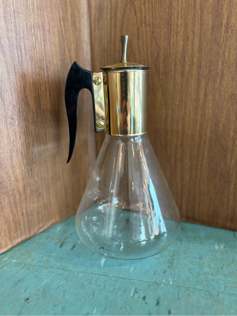 Vintage glass coffee carafe beverage dispenser mcm gold black